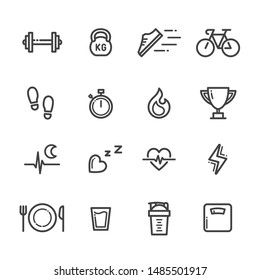 Fitness vector icon set, simple flat thin line style. Signage for gym, workout and fit band application. Contained dumbbell, kettlebell, bicycle, foot steps, stopwatch, trophy, heart rate and protein.