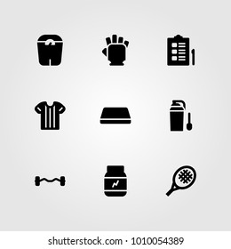 Fitness vector icon set. sport shirt, dumbbell, biceps dumbbell and gym gloves