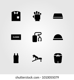 Fitness vector icon set. sport shirt, gloves, bench and ball