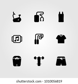 Fitness vector icon set. stationary bike, bench press, scale and skipping