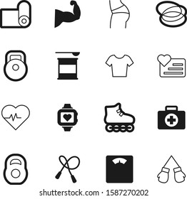 fitness vector icon set such as: app, punch, first, jump, label, child, skating, protein, weighing, skin, clothes, kit, icons, arm, nutritional, pulsometer, powder, watch, measure, rolled, sports
