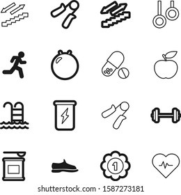 fitness vector icon set such as: soft, gumshoes, athlete, pills, soda, pill, victory, energy, ray, cardiology, container, fashion, runner, style, prescription, first, pilates, supplements, doctor