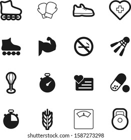 fitness vector icon set such as: male, dumbbell, screen, flag, scale, habit, cardiology, run, forbidden, computer, responsive, shuttle, pulse, boxer, hospital, switzerland, barley, shoes, outline