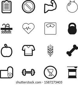 fitness vector icon set such as: balance, heartbeat, cereals, cardiac, prohibition, pool, mat, scale, cereal, checklist, plant, cardiogram, supplement, vitamin, alcoholic, mattress, ekg, muscle