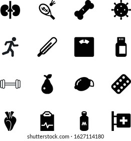 fitness vector icon set such as: heart, scales, chemistry, broken, label, digestive, shadow, track, pack, pulse, tool, action, dairy, box, aid, athlete, shuttle, runner, sprint, virus, dieting, lemon