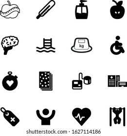 fitness vector icon set such as: thermometer, handicap, success, guy, mind, profile, color, palpitation, label, stopwatch, weight, liquid, neurology, medicament, sale, instrument, accessibility