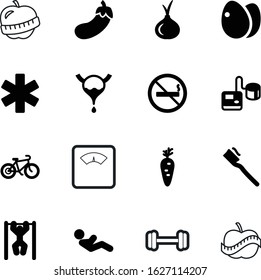 fitness vector icon set such as: barbell, shallot, female, clean, warning, toothbrush, biology, cartoon, tonometer, egg, urgent, bicycle, pictogram, control, system, eggplant, herbs, sit, abdominal