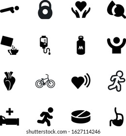 fitness vector icon set such as: magnifier, hematology, vehicle, pills, measure, track, friendship, abstract, stomach, energy, help, strength, shadow, meal, sound, vitamins, weight, speed, heavy