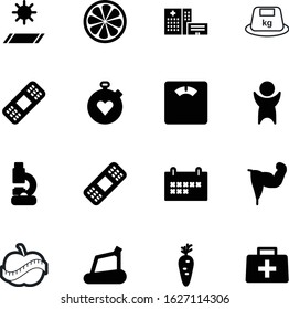 fitness vector icon set such as: travel, lab, heavy, calendar, round, silhouette, agenda, carpet, building, muscle, help, project, user, kit, clock, slice, foot, zoom, ingredient, winner, rest