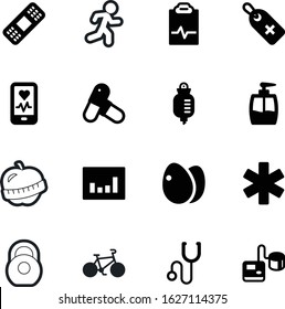 fitness vector icon set such as: pulse, adhesive, ems, paper, clean, statistic, discount, package, healthcare, people, gift, wound, tool, stethoscope, counter, shop, bandage, soap, cycle, tape, price
