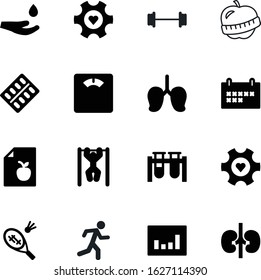 fitness vector icon set such as: blood, calendar, track, healthcare, scale, note, pull, aspirin, tennis, eating, addiction, hands, thin, vials, statistics, athlete, office, natural, personal, leisure