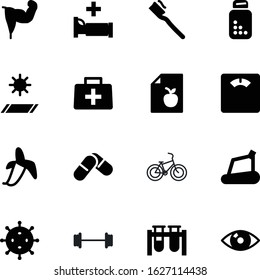 fitness vector icon set such as: bed, line, dentist, lab, eating, patient, nature, relaxation, apple, bicycle, pills, case, scientific, eye, cell, chemical, addiction, micro, grey, blood, group, tube