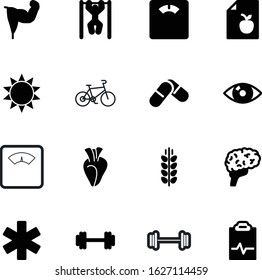 fitness vector icon set such as: heavy, meal, long, drug, life, training, list, cycle, mind, business, bike, dumbbells, floor, harvest, caduceus, liver, instrument, pharmaceutical, urgent, spica