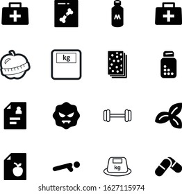 fitness vector icon set such as: report, bacteria, chemistry, bread, slice, bone, mass, list, dumbbell, diagnosis, kilo, roentgen, grey, tape, round, kg, checklist, measuring, ton, microbiology