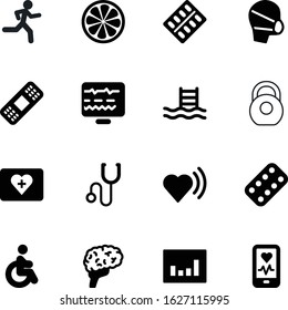 fitness vector icon set such as: delivery, run, ton, help, marathon, anatomy, smart, plaster, face, rate, stethoscope, cross, chart, equipment, cartoon, icons, adhesive, mass, data, instrument