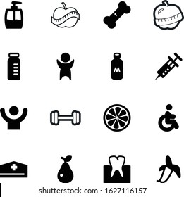 fitness vector icon set such as: glass, medicament, dent, broken, fracture, pharmacy, stroke, accessory, dental, pear, life, beverage, injection, nurse, disable, ampule, drop, help, drink, yellow