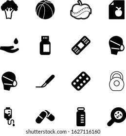 fitness vector icon set such as: science, mass, hands, ball, weight, broccoli, package, line, vaccine, delivery, hygiene, element, magnifying, wash, play, palm, color, balance, adhesive, organism