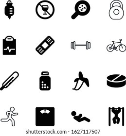 fitness vector icon set such as: muscle, competition, vehicle, bicycle, transportation, pharmacy, scale, horizontal, iron, drug, gym, bacteria, cholera, banana, disease, heat, male, cardiogram