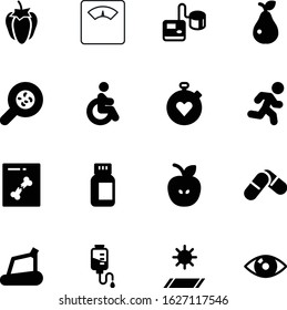 fitness vector icon set such as: color, people, mat, skeleton, glass, disable, jogging, counter, scales, legionella, drop, handicapped, button, light, measure, virus, animal, balance, pear, bell