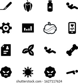 fitness vector icon set such as: wheel, engine, smart, patient, statistic, fracture, up, machine, plant, pepper, natural, tool, weather, knife, metal, clipboard, workout, calcium, apple, bone
