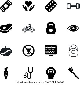 fitness vector icon set such as: drug, kilogram, scanner, leg, light, toothbrush, forbidden, dental, tape, vegetarian, vehicle, dumbbell, stethoscope, addiction, bike, logo, nutrition, prohibition