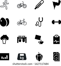 fitness vector icon set such as: thermometer, test, pulse, hot, cooking, pepper, research, kg, muscular, runner, life, bowl, run, blood, arm, people, nutritious, heartbeat, shadow, heat, marathon
