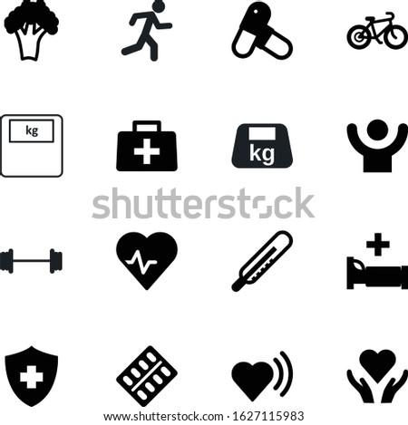 fitness vector icon set such as: aid, shape, healthcare, bell, pharmaceutical, dumbbells, user, kit, silhouette, natural, biking, pills, rate, family, prescription, life, heat, ride, cardiology