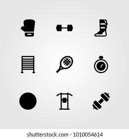 Fitness vector icon set. tennis racket, boxing glove, pull up and dumbbell