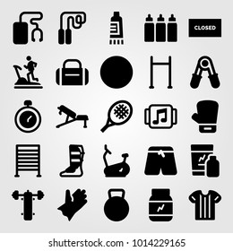 Fitness vector icon set. treadmill, block, ball and gym bars