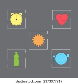 Fitness vector icons. Healthy lifestyle items, clock, food, heart, calendar, water, sun isolated on grey background