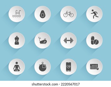 fitness vector icons on round puffy paper circles with transparent shadows on blue background. fitness stock vector icons for web, mobile and user interface design