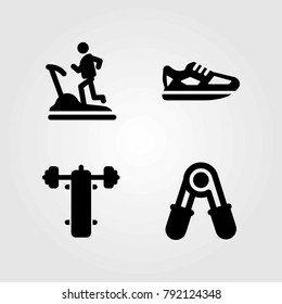 Fitness vector icons set. bench press, running and running shoes