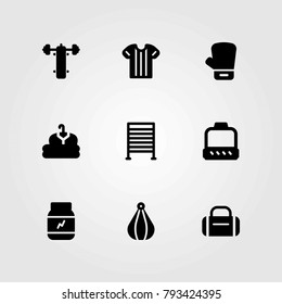 Fitness vector icons set. bench press, clothing and boxing