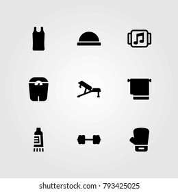 Fitness vector icons set. bench, towel and bosu ball