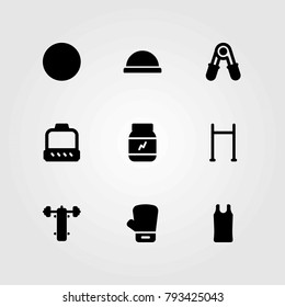 Fitness vector icons set. bench press, pull up and glove