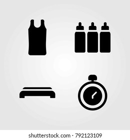 Fitness vector icons set. capsules, gym step and shirt