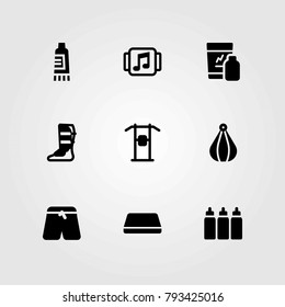 Fitness vector icons set. capsules, pants and gym mat