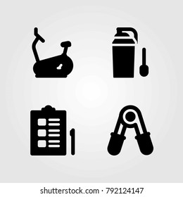 Fitness vector icons set. checklist, block and stationary bike