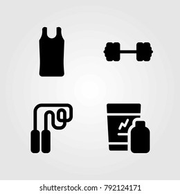 Fitness vector icons set. dumbbell, sport shirt and shakes