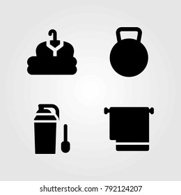Fitness vector icons set. kettlebell, protein and cloth