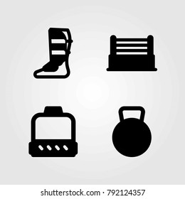 Fitness vector icons set. kettlebell, shinpad and ring