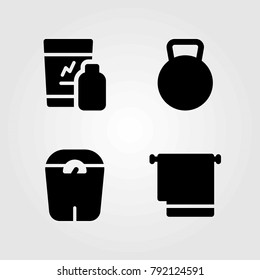 Fitness vector icons set. kettlebell, scale and shakes