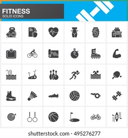 Fitness vector icons set, modern solid symbol collection, pictogram pack isolated on white, logo illustration