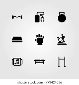 Fitness vector icons set. pull up, gym mat and biceps dumbbell