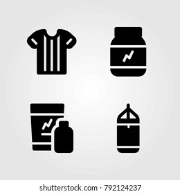Fitness vector icons set. punching bar, shakes and protein