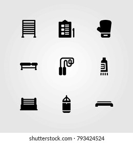 Fitness vector icons set. punching bar, gym bars and checklist