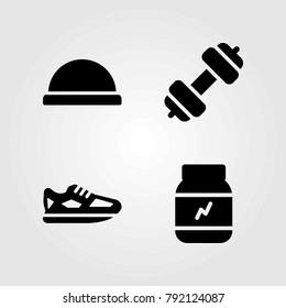 Fitness vector icons set. running shoes, bosu ball and protein