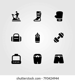 Fitness vector icons set. scale, pulley and treadmill