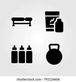Fitness vector icons set. shakes, capsules and bench