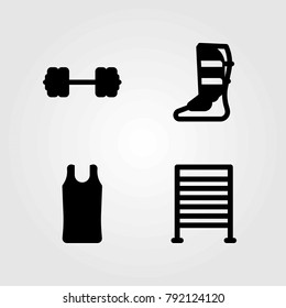 Fitness vector icons set. shinpad, shirt and gym bars